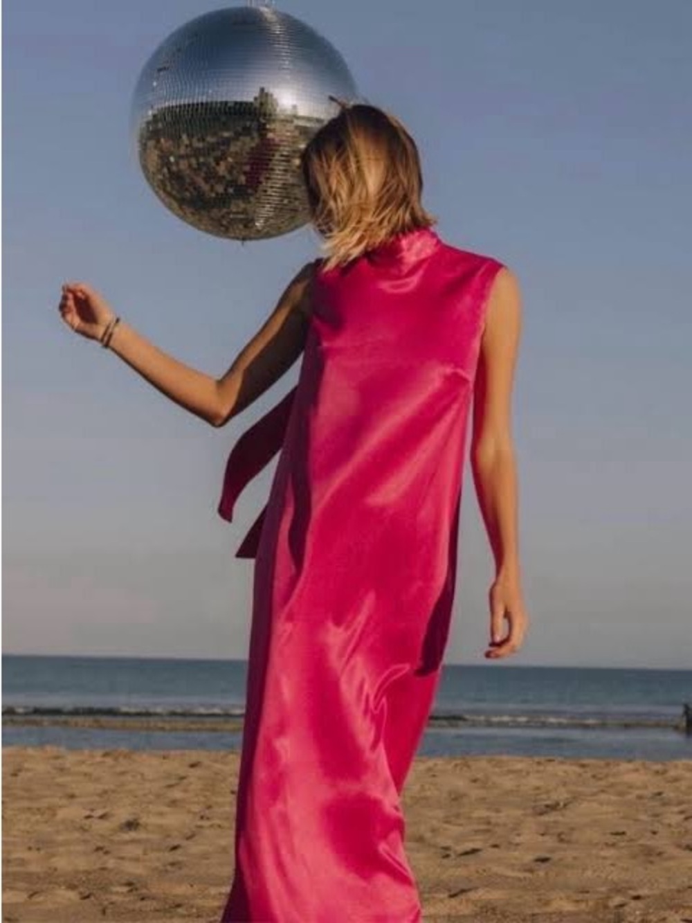 Daily Drills Sleeveless Hot Pink Satin Maxi Dress with Neck Tie